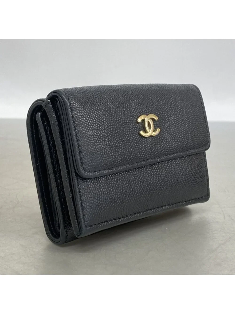Chanel Trifold Wallet Camellia Caviar Leather Black Champagne Gold